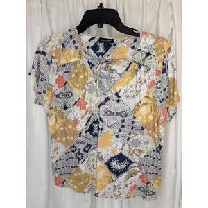 Dear John Womens Patchwork Print Top L Rayon Cotton Blend Multicolor Short Sleev